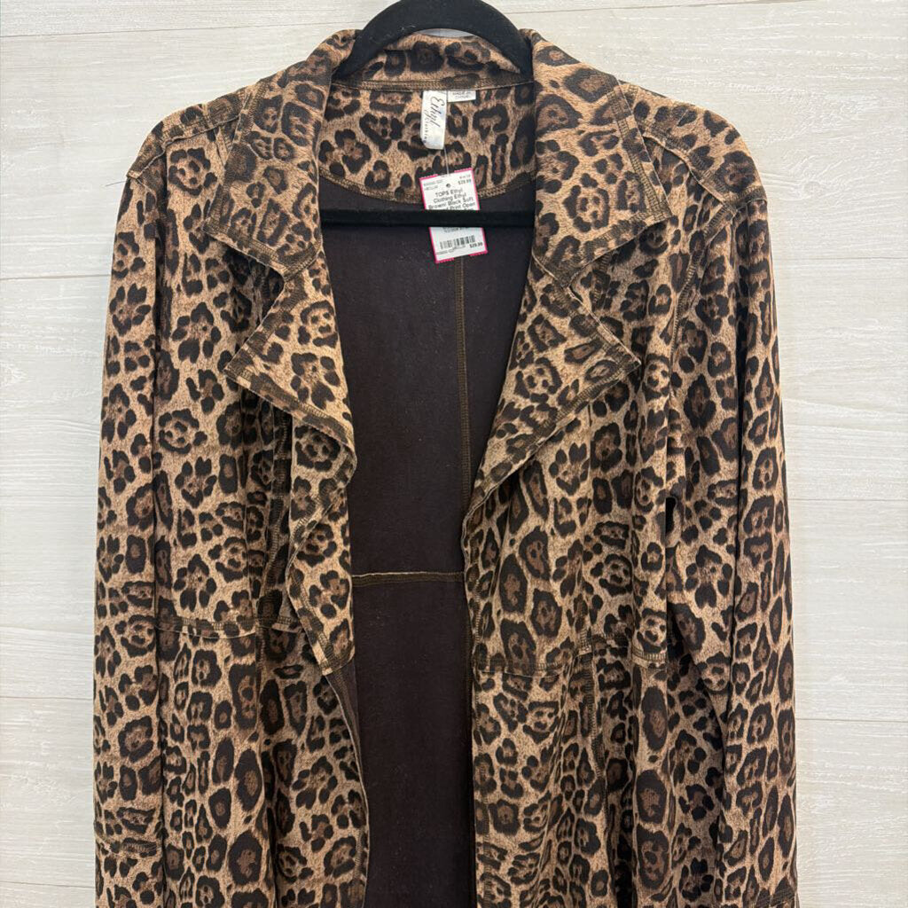 Ethyl Brown/ Black Soft Leopard Print Open Front Jacket Top Large