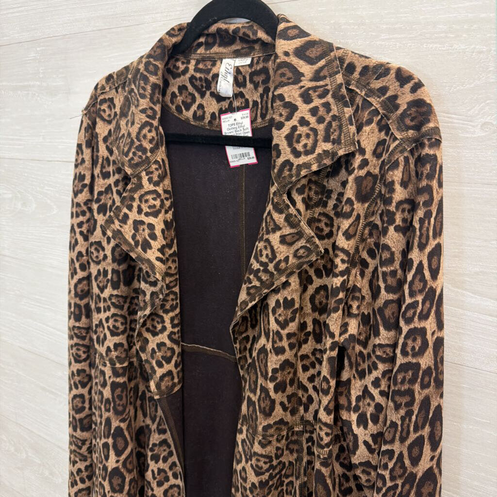Ethyl Brown/ Black Soft Leopard Print Open Front Jacket Top Large