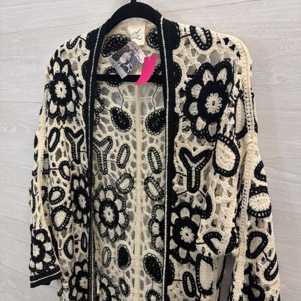 Artistic Works by Lu Cream/ Black Crochet Knit Open Front Long Sleeve Duster One Size