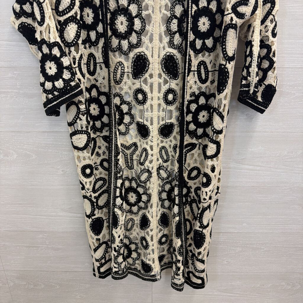 Artistic Works by Lu Cream/ Black Crochet Knit Open Front Long Sleeve Duster One Size