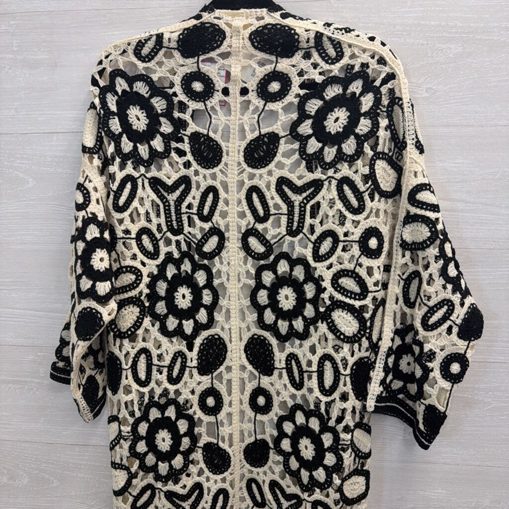 Artistic Works by Lu Cream/ Black Crochet Knit Open Front Long Sleeve Duster One Size