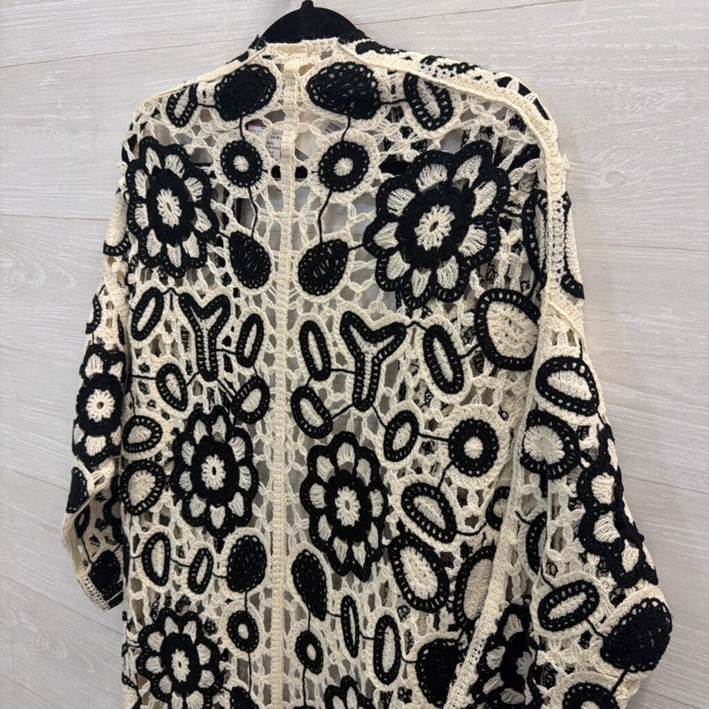 Artistic Works by Lu Cream/ Black Crochet Knit Open Front Long Sleeve Duster One Size