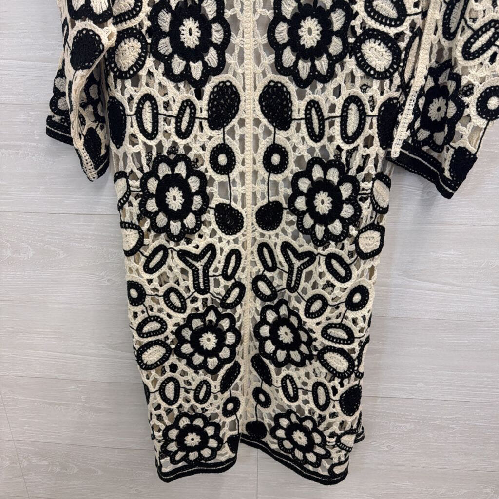 Artistic Works by Lu Cream/ Black Crochet Knit Open Front Long Sleeve Duster One Size
