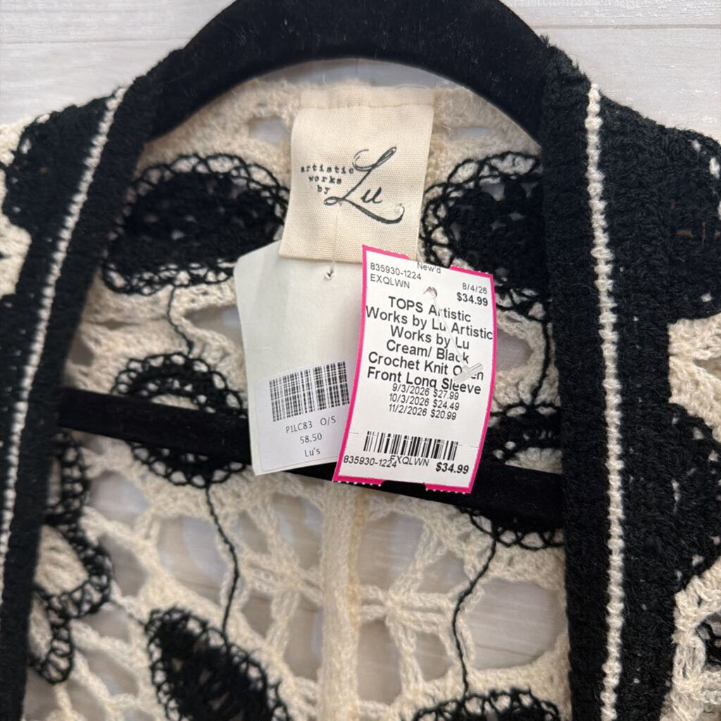 Artistic Works by Lu Cream/ Black Crochet Knit Open Front Long Sleeve Duster One Size