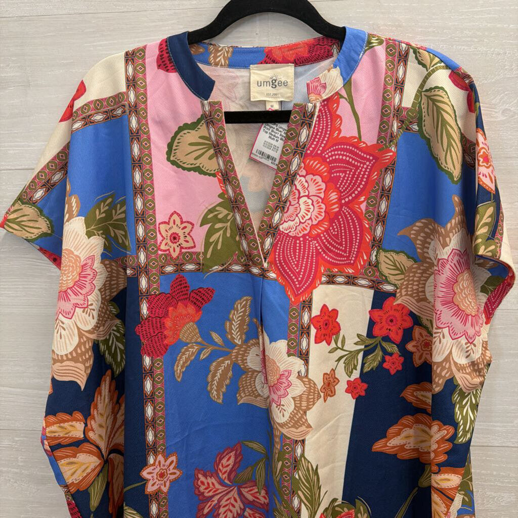 Umgee Blue/ Multi Print Short Sleeve Top Medium