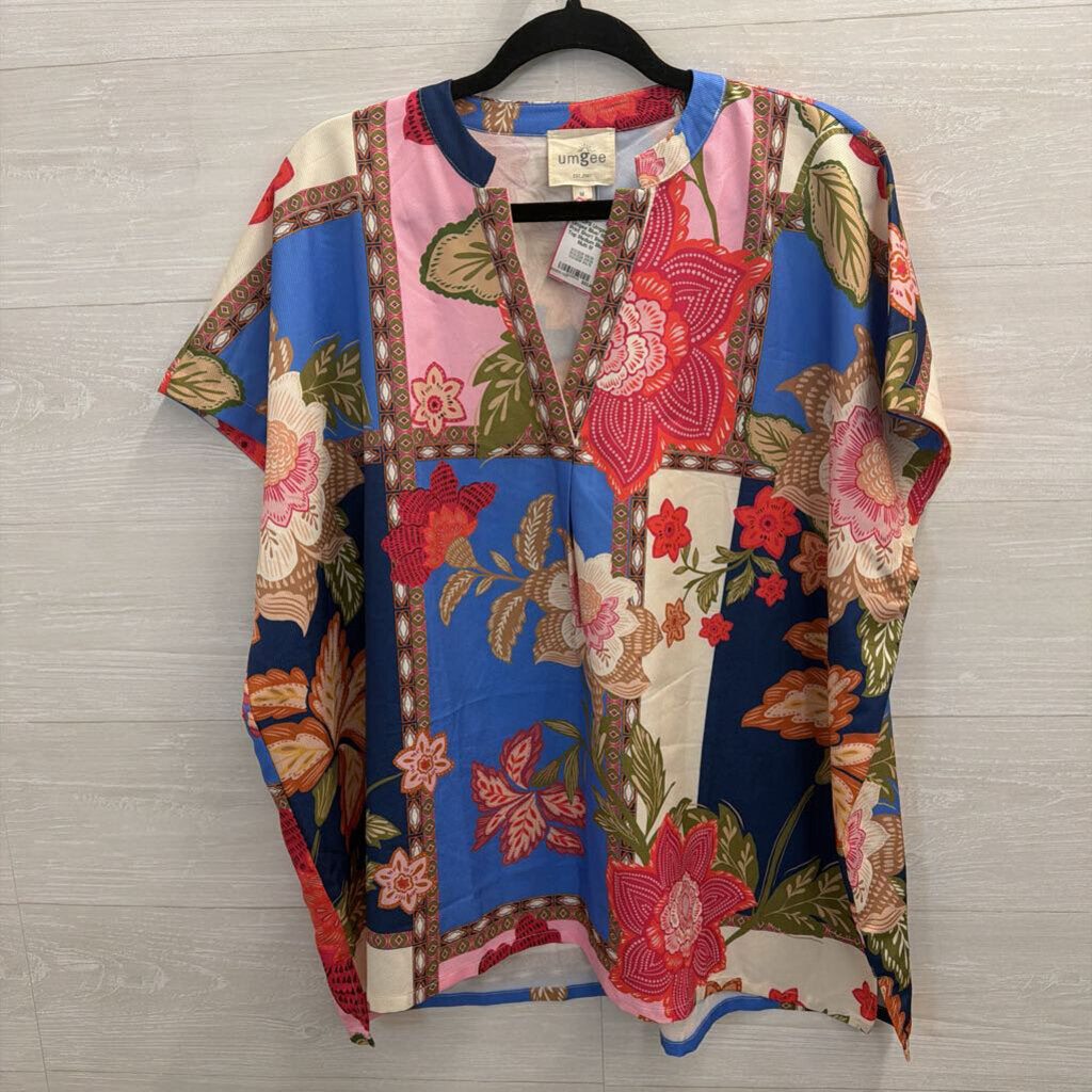 Umgee Blue/ Multi Print Short Sleeve Top Medium