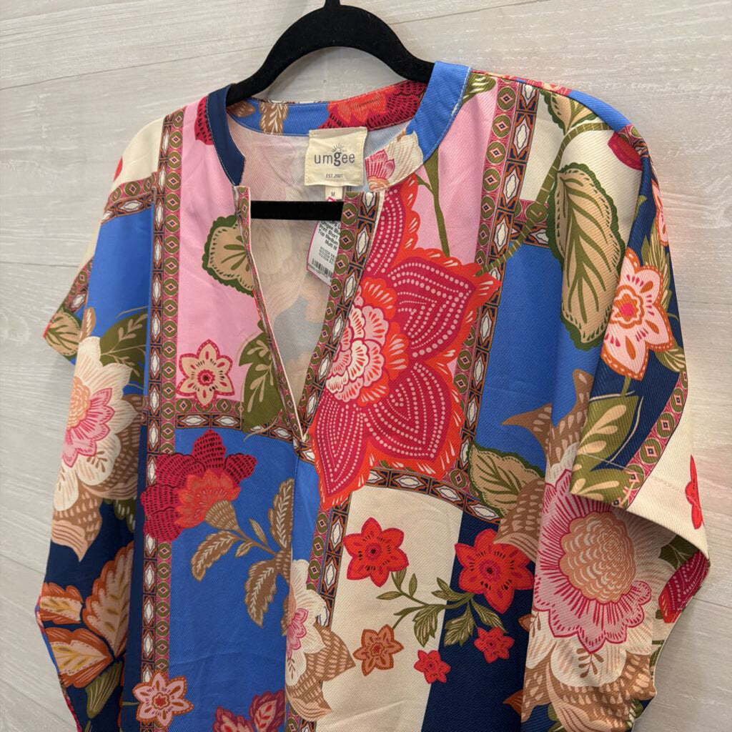 Umgee Blue/ Multi Print Short Sleeve Top Medium