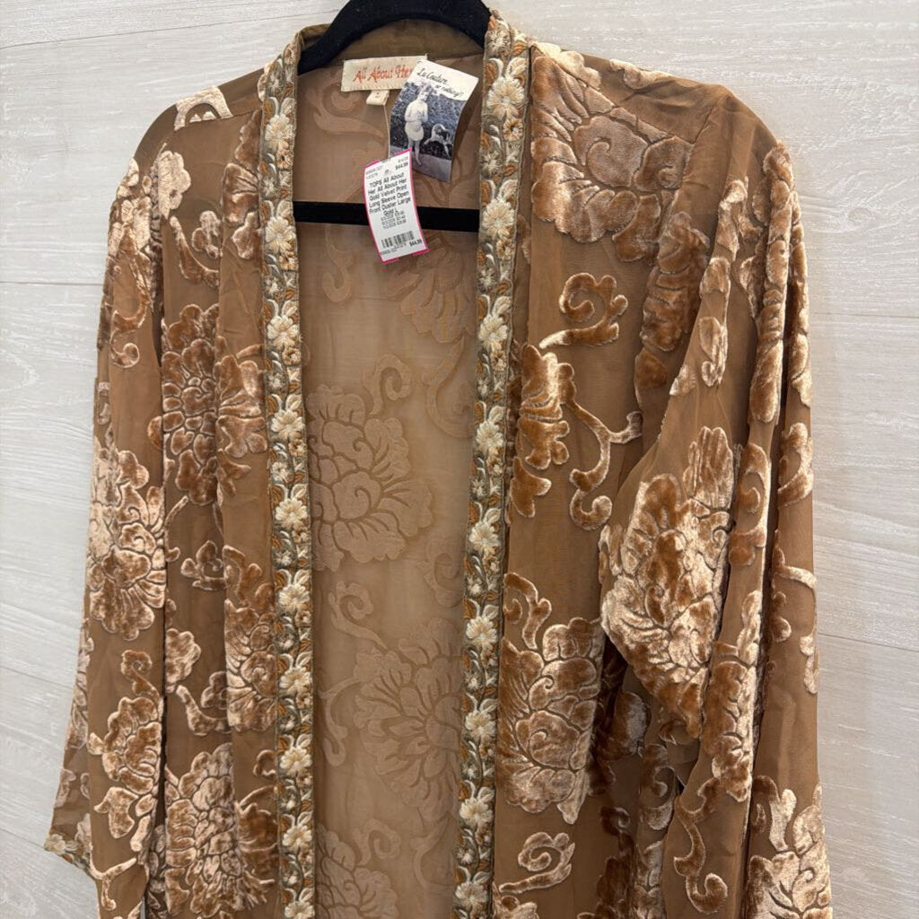 All About Her Gold Velvet Print Long Sleeve Open Front Duster Large