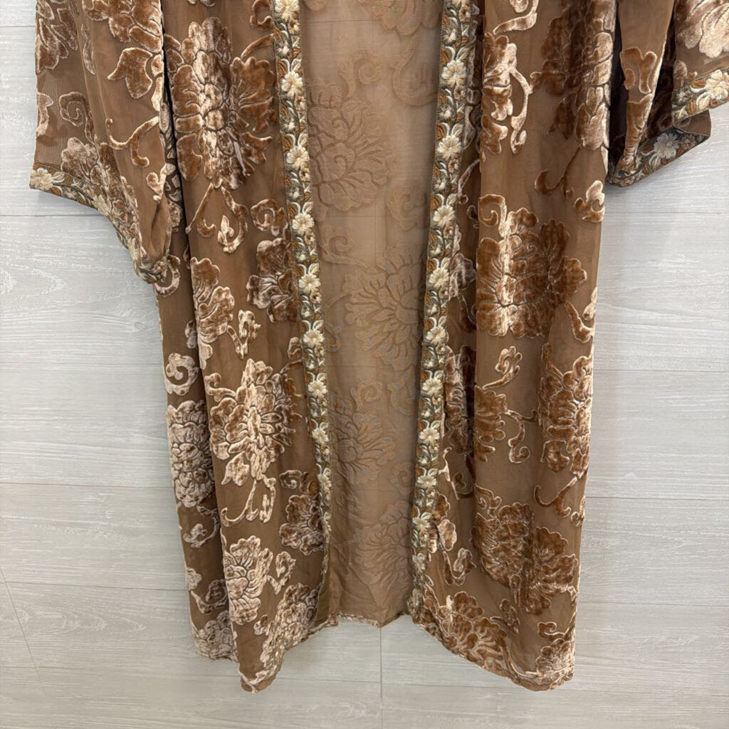 All About Her Gold Velvet Print Long Sleeve Open Front Duster Large