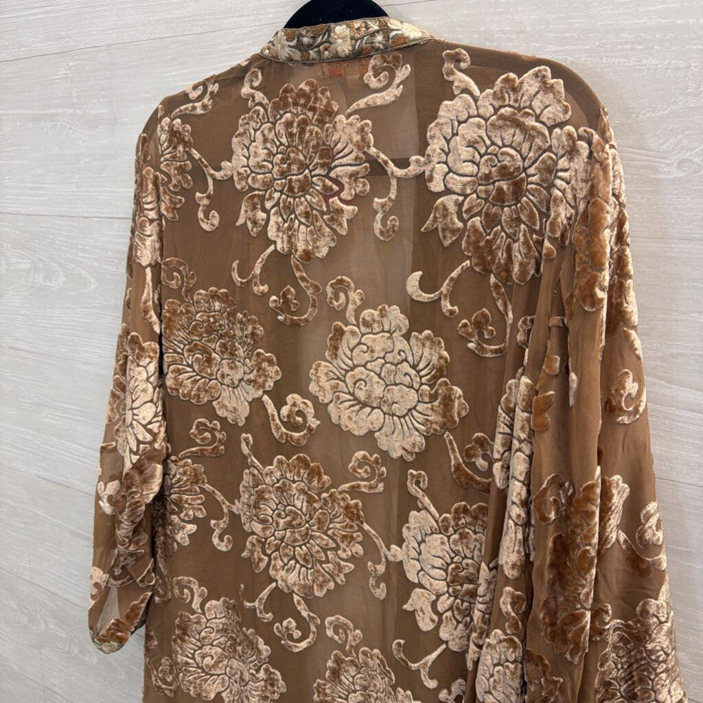 All About Her Gold Velvet Print Long Sleeve Open Front Duster Large
