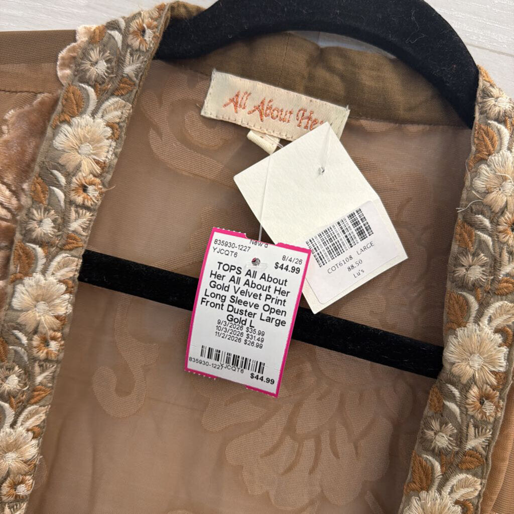 All About Her Gold Velvet Print Long Sleeve Open Front Duster Large
