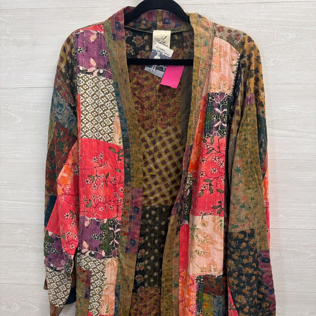 Artistic Works by Lu Brown/ Mutli Patchwork Print Long Sleeve Open Front Duster Large