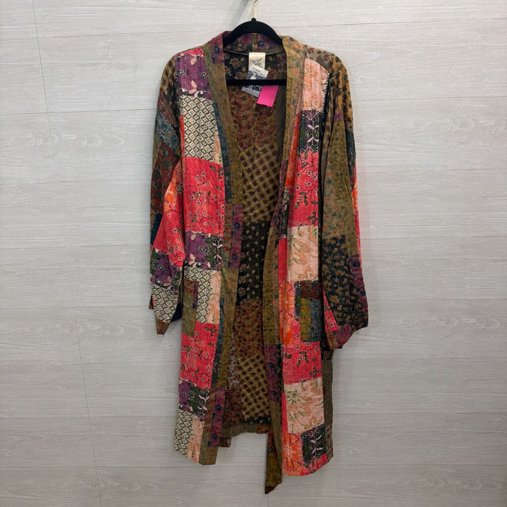 Artistic Works by Lu Brown/ Mutli Patchwork Print Long Sleeve Open Front Duster Large