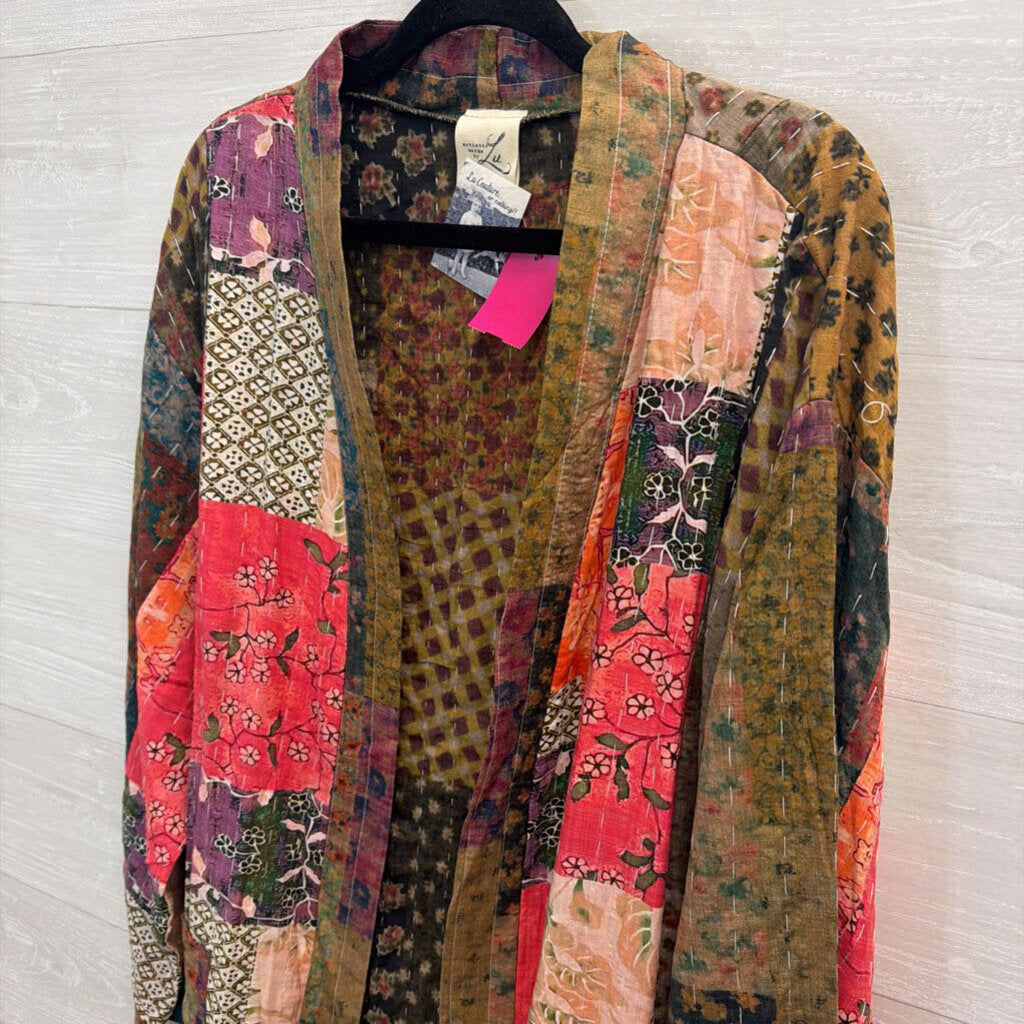 Artistic Works by Lu Brown/ Mutli Patchwork Print Long Sleeve Open Front Duster Large