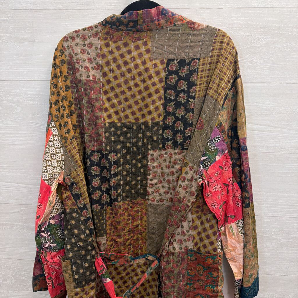 Artistic Works by Lu Brown/ Mutli Patchwork Print Long Sleeve Open Front Duster Large