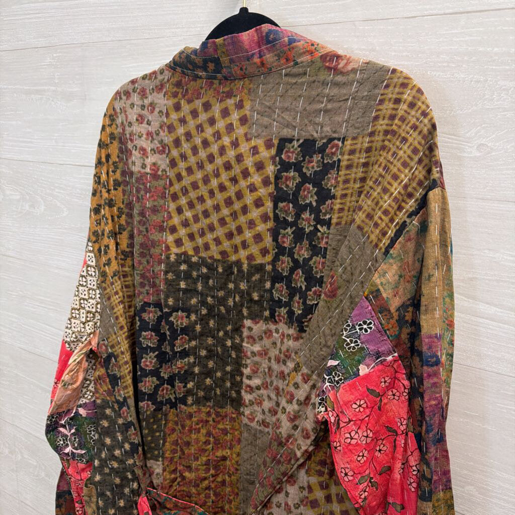 Artistic Works by Lu Brown/ Mutli Patchwork Print Long Sleeve Open Front Duster Large
