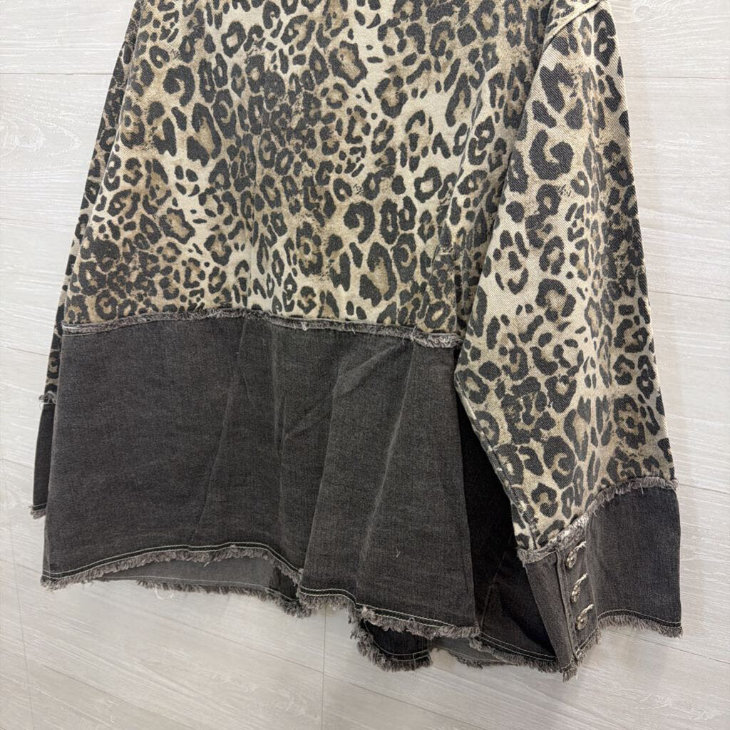 POL Brown Leopard Print Fringe Detail Oversized Shacket Medium