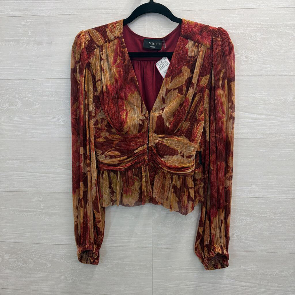Vici Red/ Gold Print Long Sleeve Top Large
