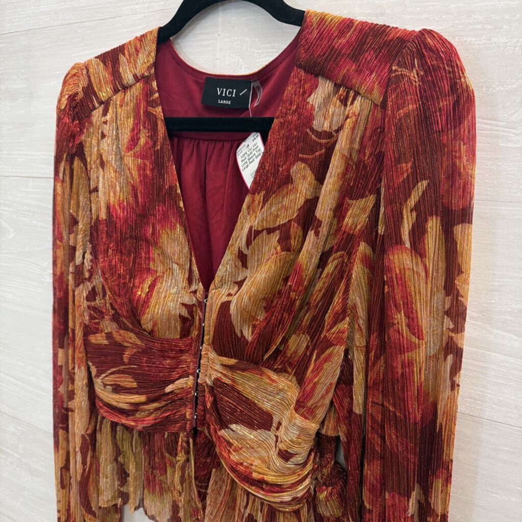 Vici Red/ Gold Print Long Sleeve Top Large