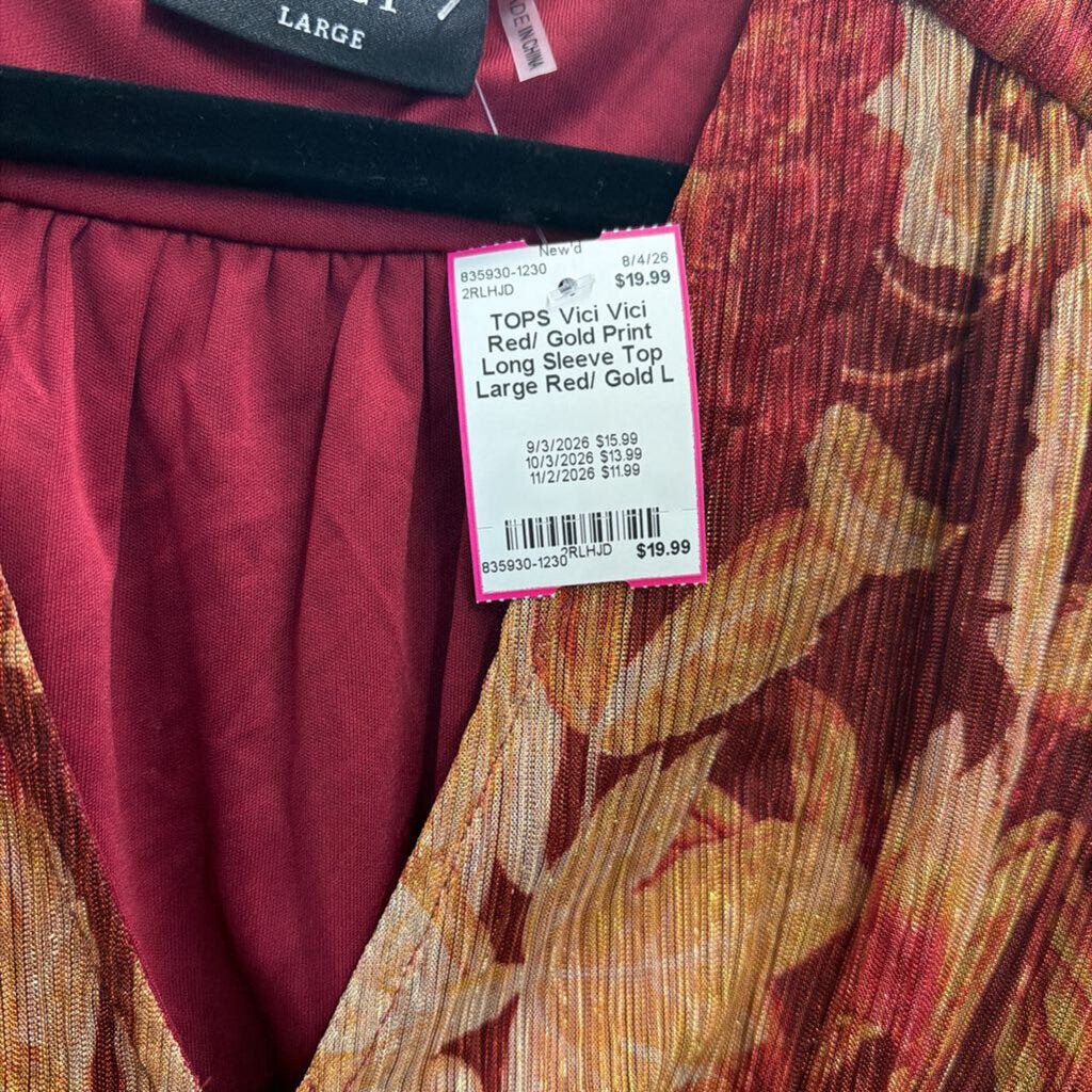 Vici Red/ Gold Print Long Sleeve Top Large