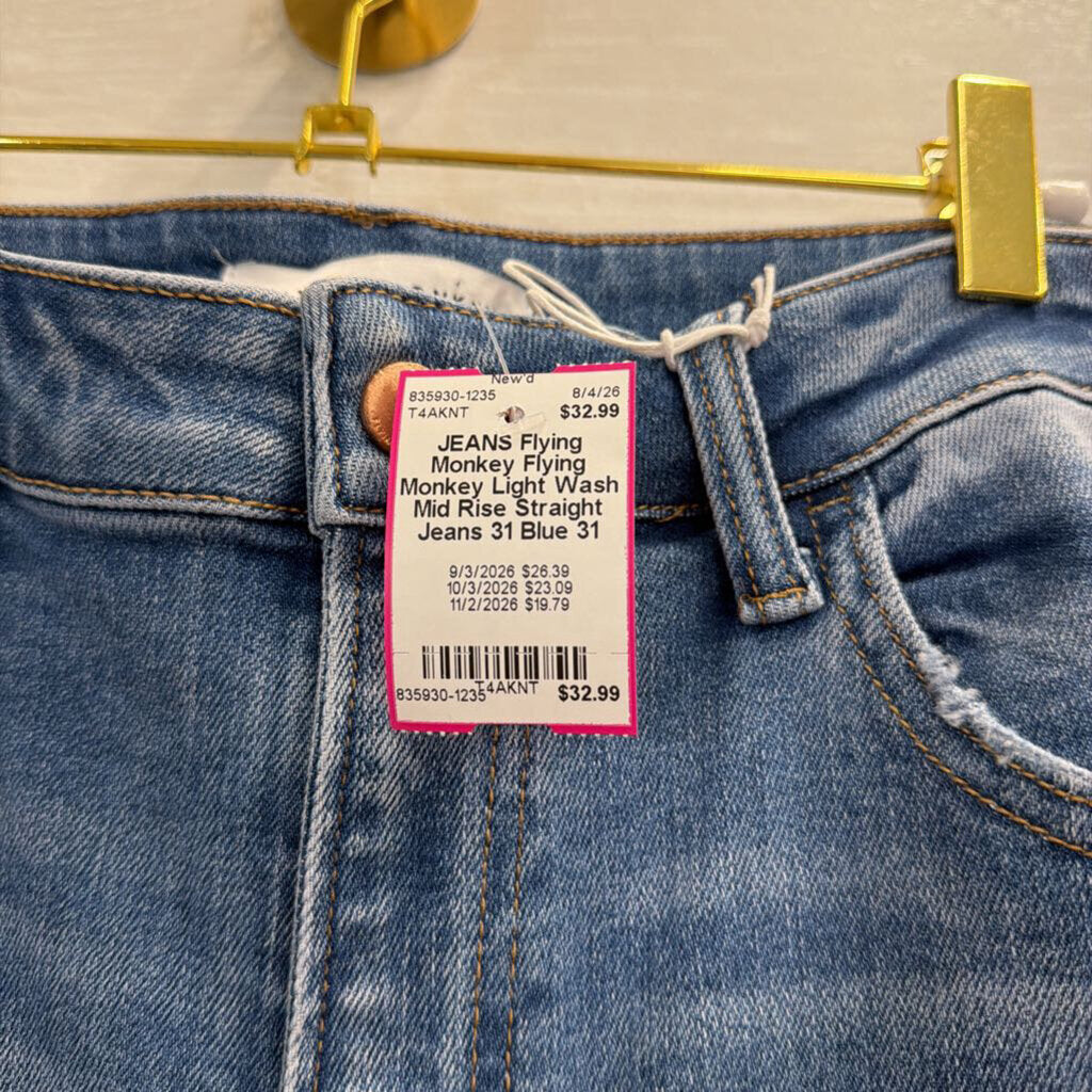 Flying Monkey Light Wash Mid Rise Straight Jeans 31