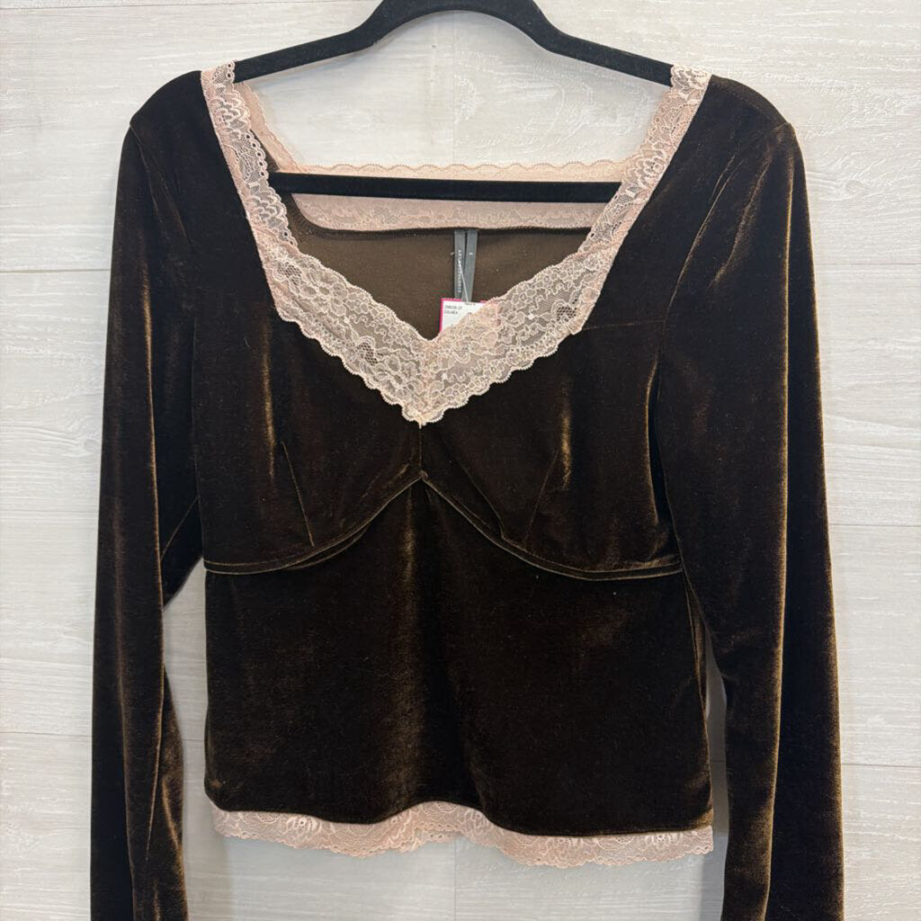Anthropologie Brown Velvet Lace Trim Long Sleeve Top Small
