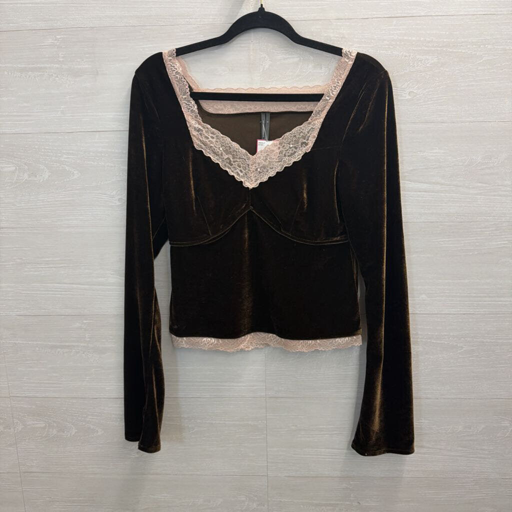 Anthropologie Brown Velvet Lace Trim Long Sleeve Top Small