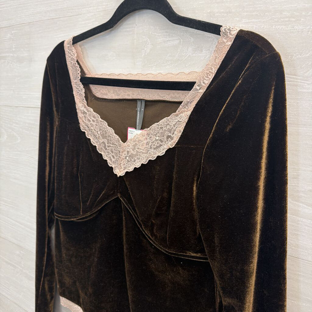 Anthropologie Brown Velvet Lace Trim Long Sleeve Top Small