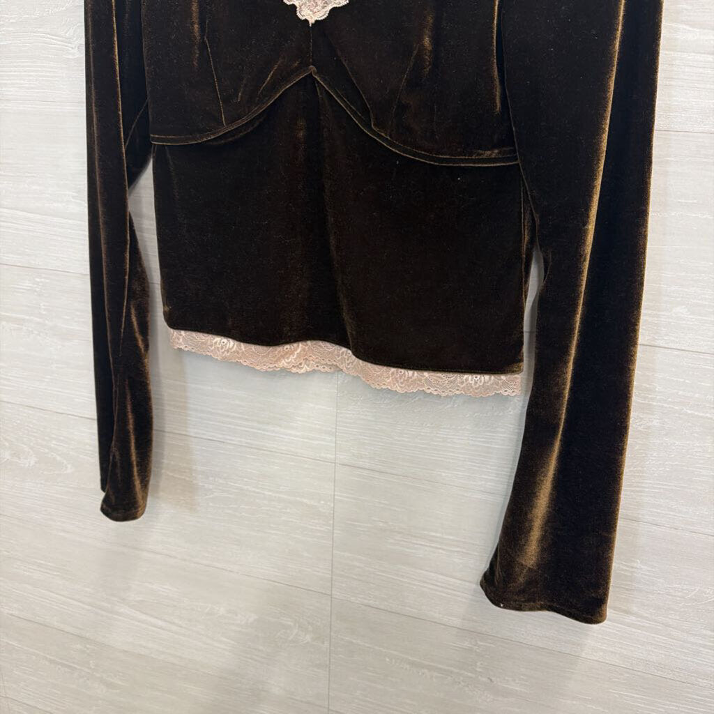 Anthropologie Brown Velvet Lace Trim Long Sleeve Top Small