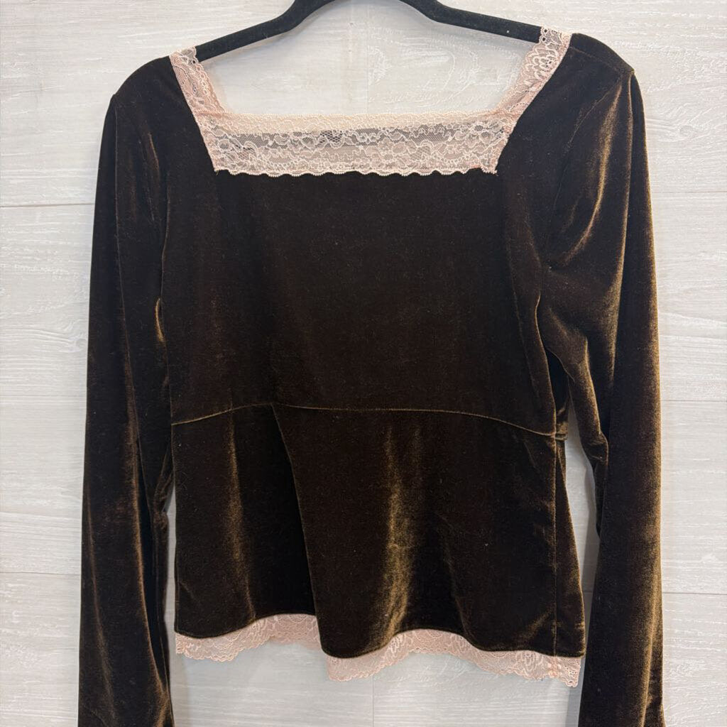 Anthropologie Brown Velvet Lace Trim Long Sleeve Top Small