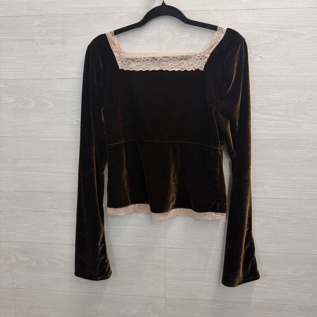 Anthropologie Brown Velvet Lace Trim Long Sleeve Top Small