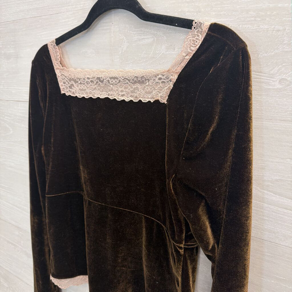 Anthropologie Brown Velvet Lace Trim Long Sleeve Top Small
