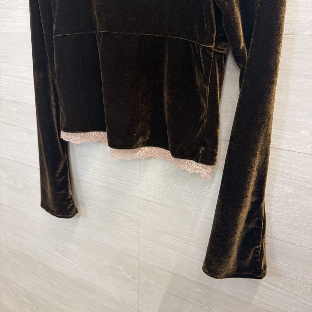 Anthropologie Brown Velvet Lace Trim Long Sleeve Top Small