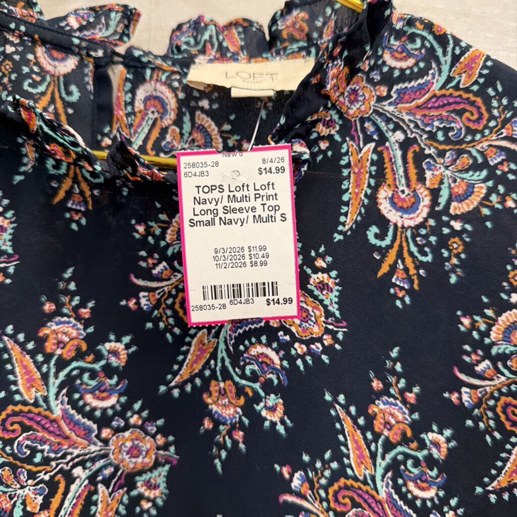 Loft Navy/ Multi Print Long Sleeve Top Small
