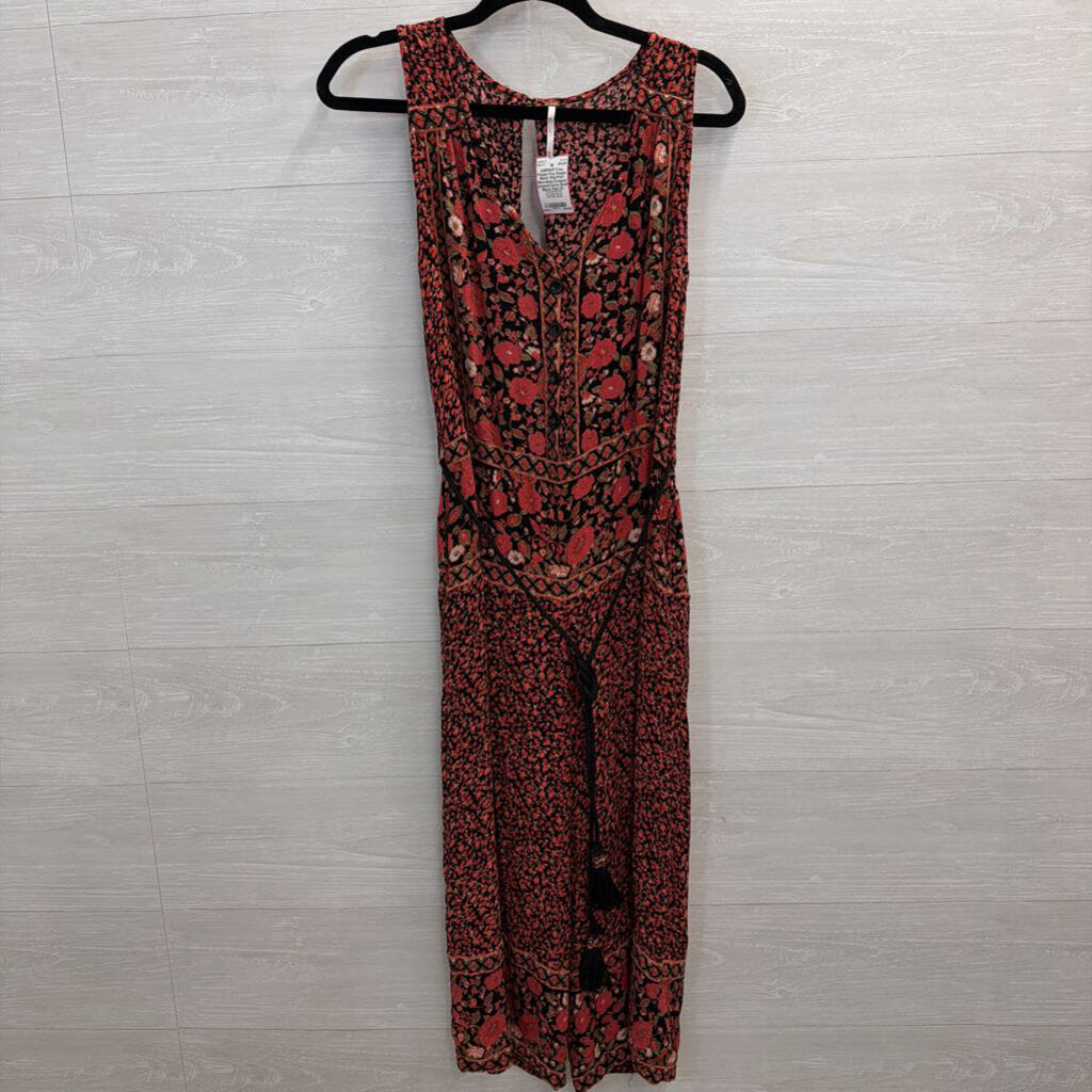 Free People Black/ Red Print Sleeveless Cropped Jumpsuit Extra Small