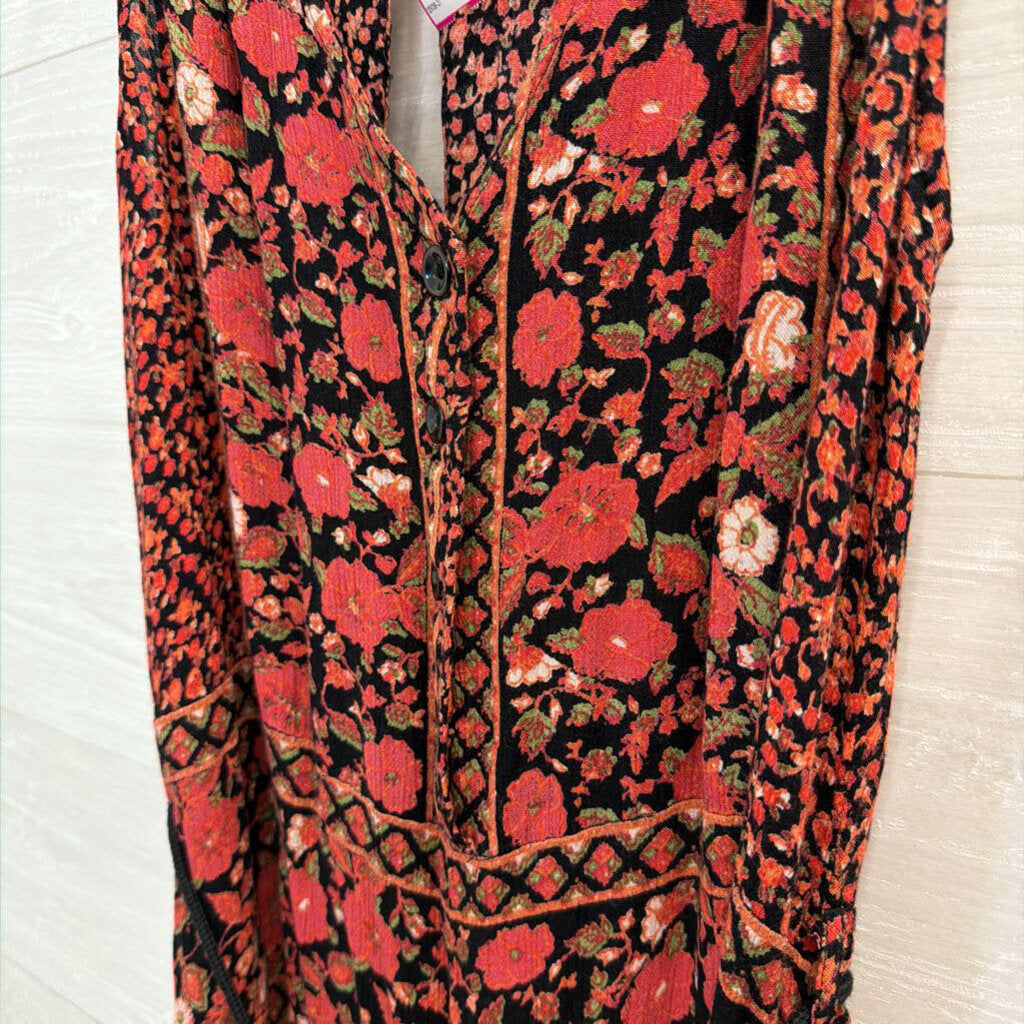Free People Black/ Red Print Sleeveless Cropped Jumpsuit Extra Small