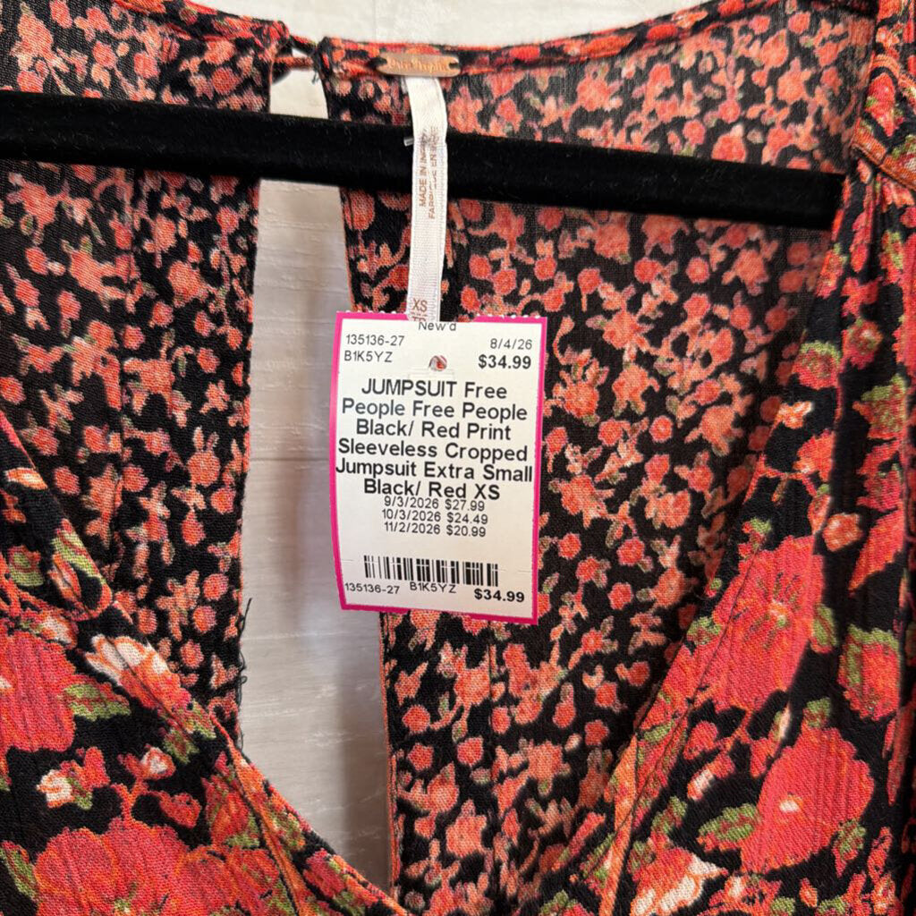 Free People Black/ Red Print Sleeveless Cropped Jumpsuit Extra Small