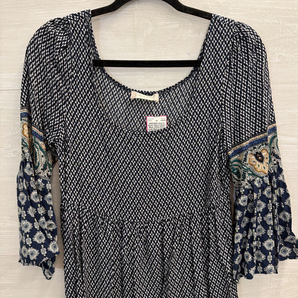Altar'd State Blue/ White Print Long Sleeve Dress Extra Small