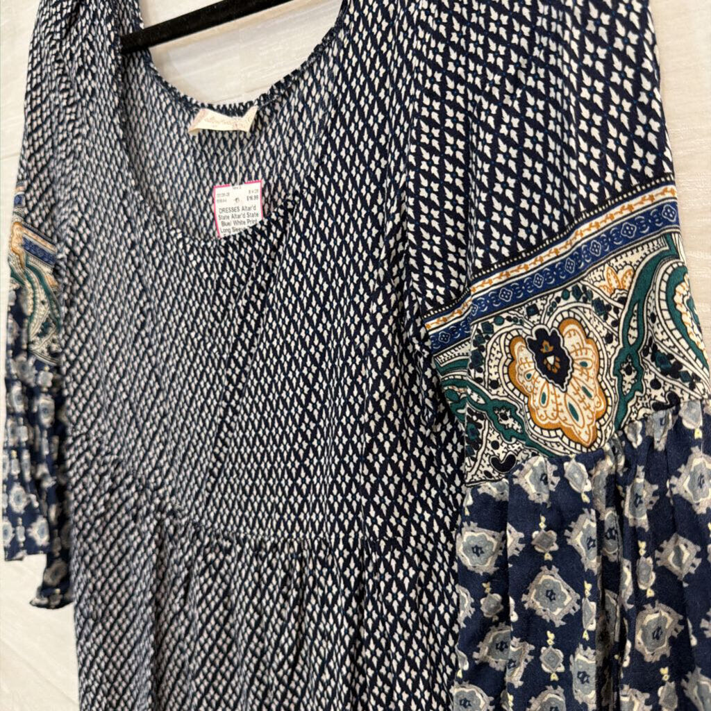 Altar'd State Blue/ White Print Long Sleeve Dress Extra Small