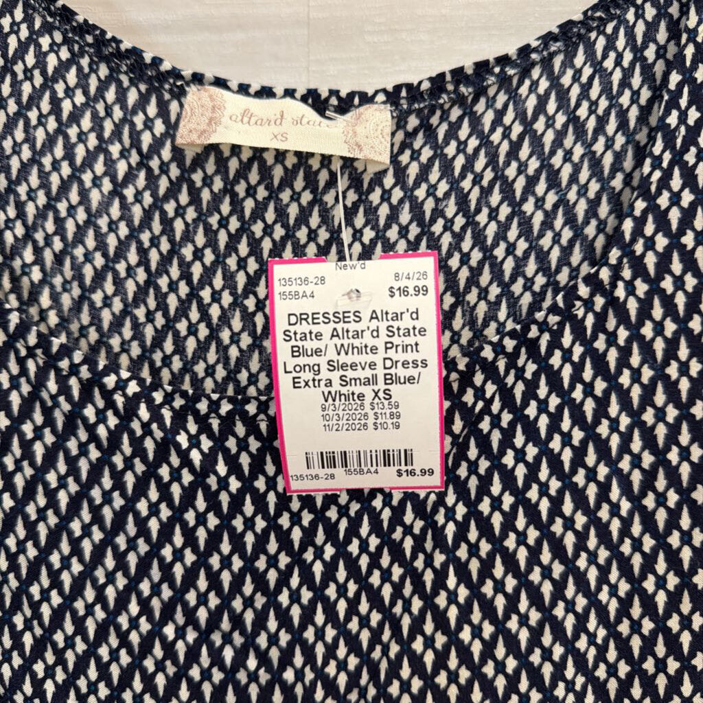 Altar'd State Blue/ White Print Long Sleeve Dress Extra Small