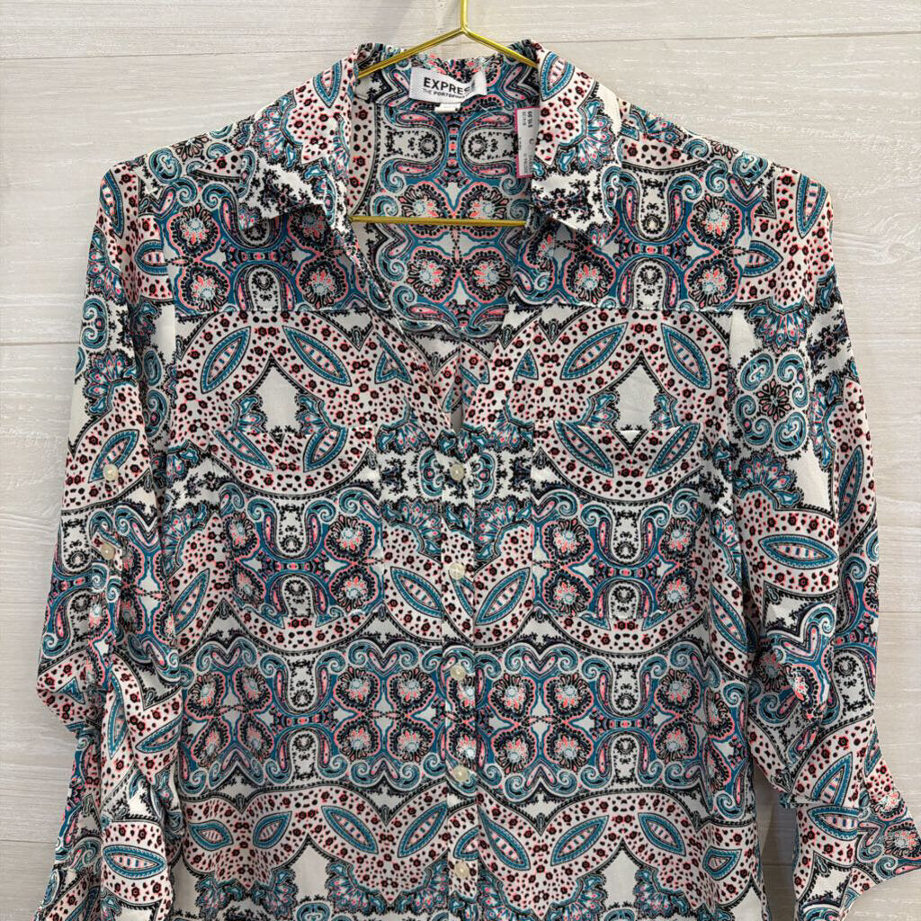 Express White/ Multi Print Long Sleeve Button Down Top Extra Small