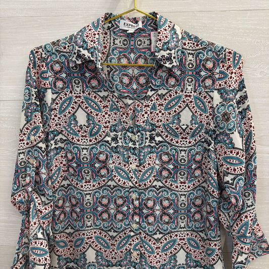 Express White/ Multi Print Long Sleeve Button Down Top Extra Small