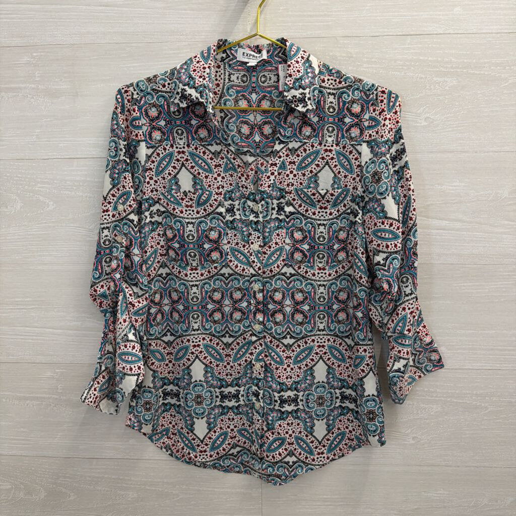Express White/ Multi Print Long Sleeve Button Down Top Extra Small