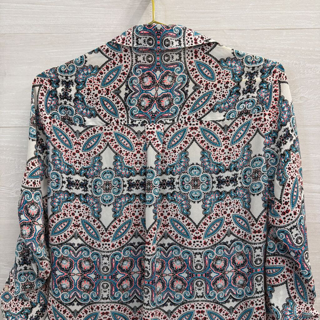 Express White/ Multi Print Long Sleeve Button Down Top Extra Small