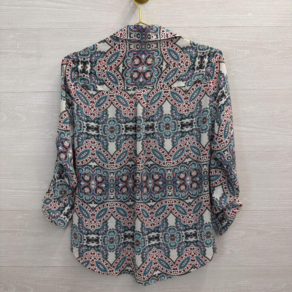 Express White/ Multi Print Long Sleeve Button Down Top Extra Small
