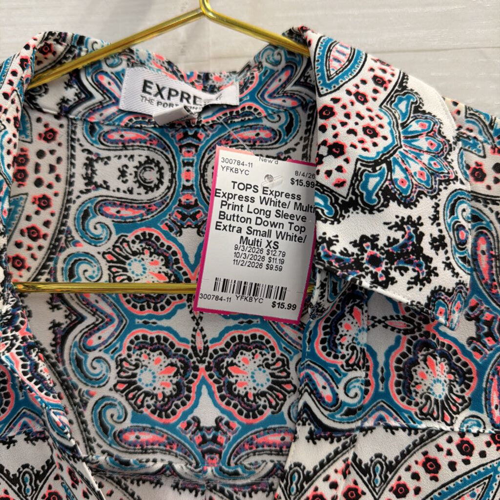 Express White/ Multi Print Long Sleeve Button Down Top Extra Small