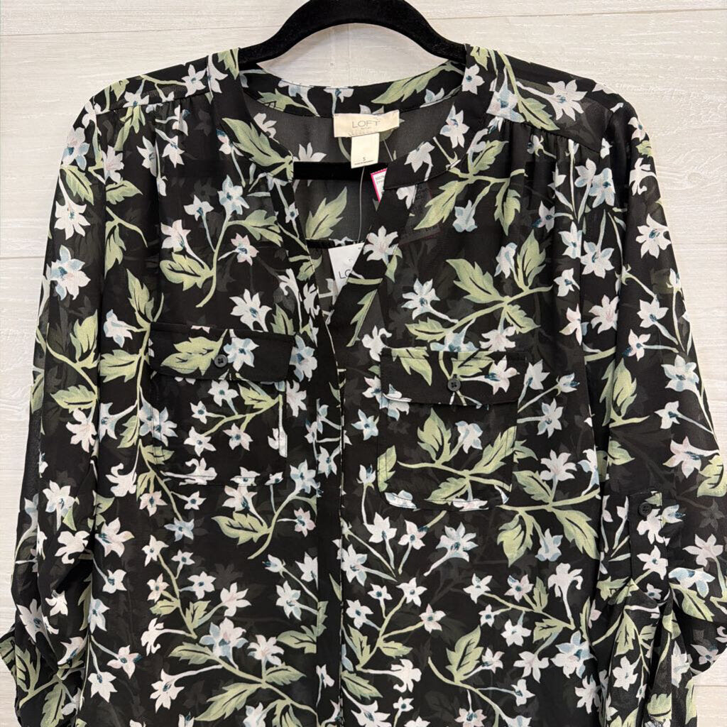 Loft Black/ Multi Sheer Floral Print Long Sleeve Button Down Top Small