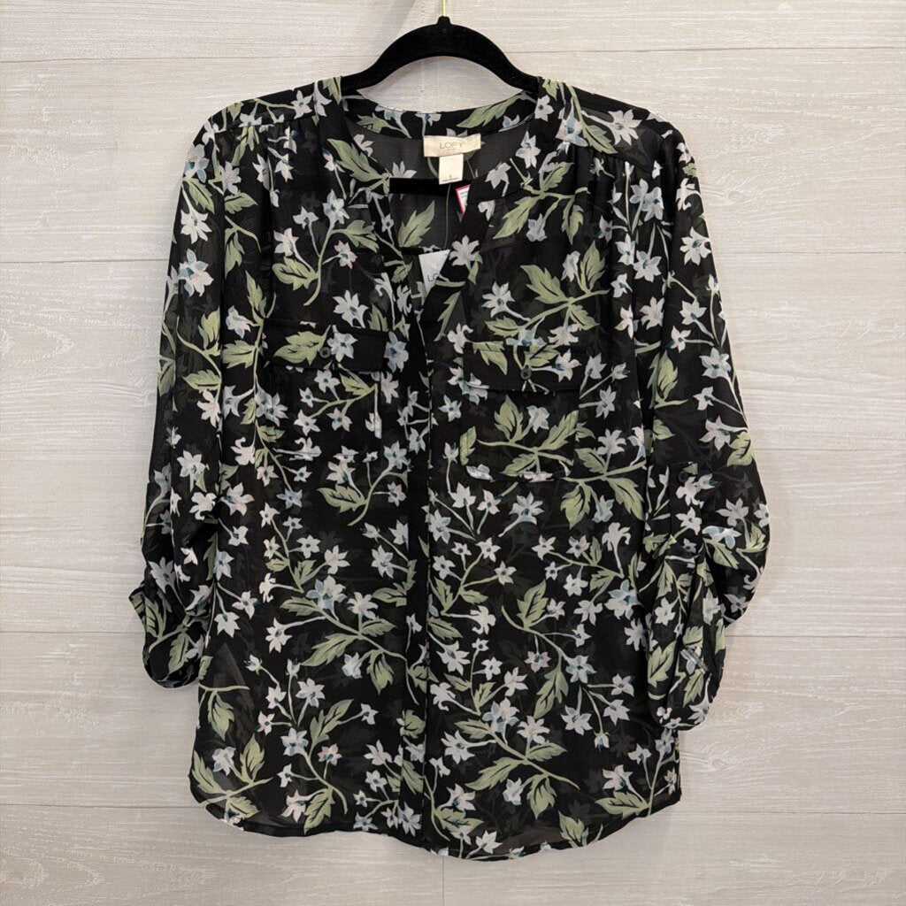 Loft Black/ Multi Sheer Floral Print Long Sleeve Button Down Top Small