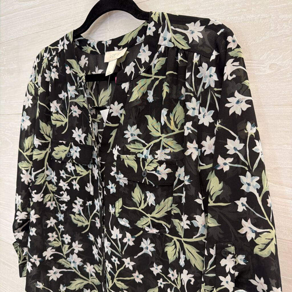 Loft Black/ Multi Sheer Floral Print Long Sleeve Button Down Top Small