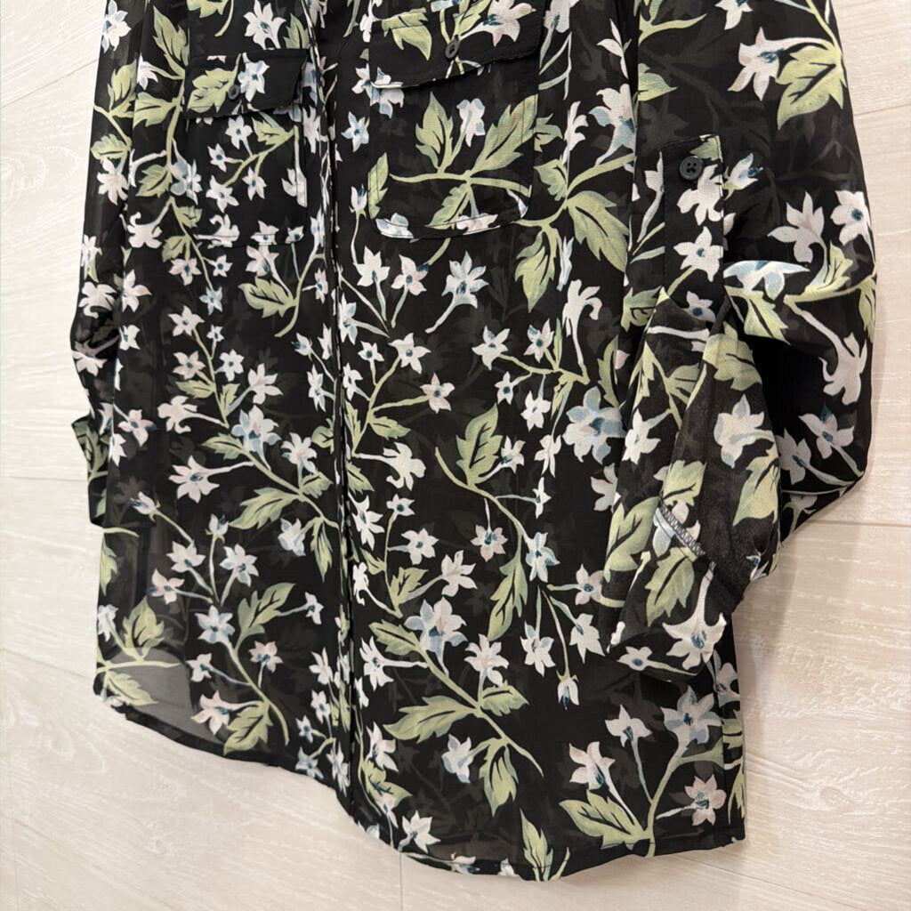 Loft Black/ Multi Sheer Floral Print Long Sleeve Button Down Top Small
